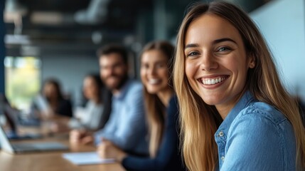 Obraz premium Smiling Businesswoman with Team in Background