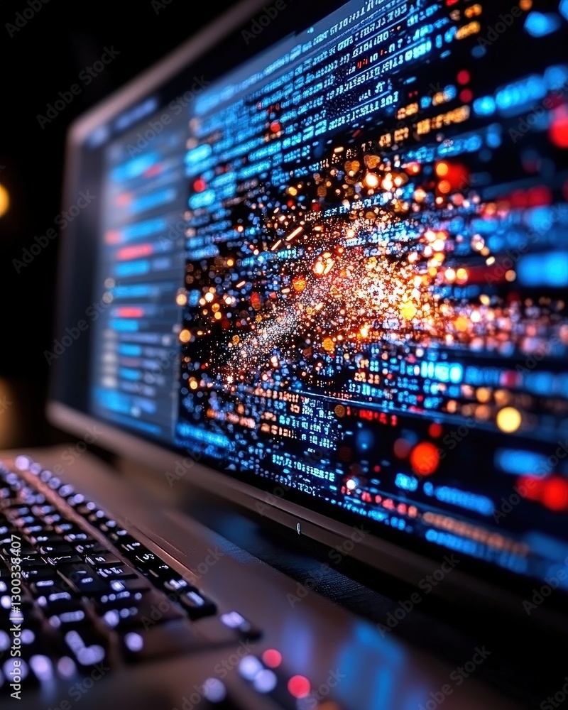 Poster abstract colorful data visualization on computer screen for technology and innovation concept