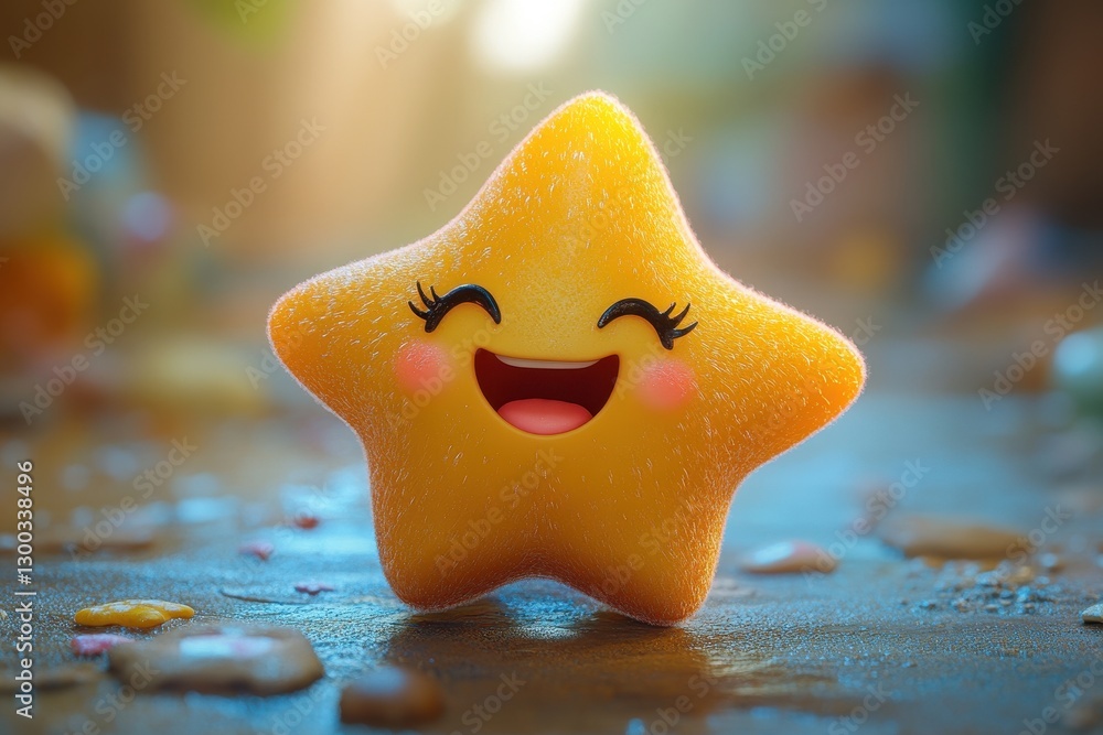 Poster happy star character with a bright smile in a playful setting filled with colorful shapes