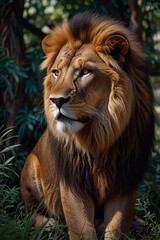 A meticulously woven tapestry of intricate patterns, each thread dancing with precision and grace. The central subject, a majestic lion, stands proudly amidst a wild jungle backdrop