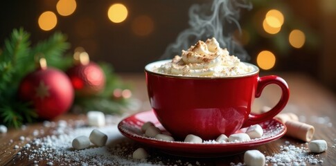 Steaming hot cocoa, marshmallows, Christmas decor, winter wonderland, festive