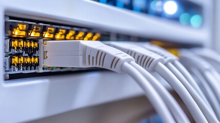 Clean White Cat6 Patch Cords Connecting Networking Equipment