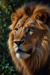 Fototapeta premium A meticulously woven tapestry of intricate patterns, each thread dancing with precision and grace. The central subject, a majestic lion, stands proudly amidst a wild jungle backdrop