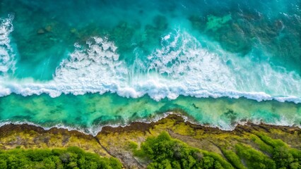 Aerial view of ocean waves crashing on a tropical coastline.