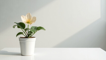 Potted flower with leaves against a minimalistic background