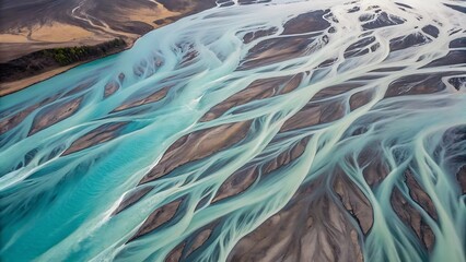Aerial view of braided river, turquoise water, abstract patterns