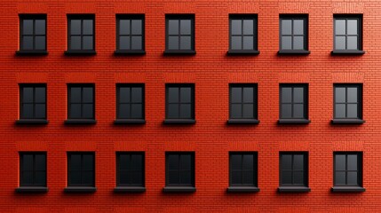 Fototapeta premium Rows of Dark Windows on a Red Brick Building Wall Facade Urban Architecture and Housing Style