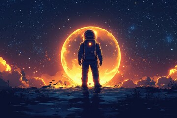Obraz premium Astronaut gazing at a glowing full moon in a starry night sky