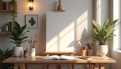 Art studio setup with easel and brushes on a sunlit table