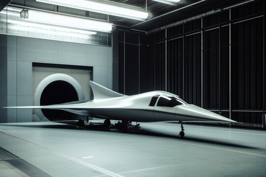 Innovative aircraft design showcased in wind tunnel facility for aerodynamic testing - Powered by Adobe