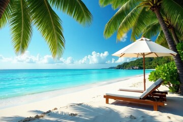 Obraz premium Relaxing tropical beach scene Lounge chairs, palm trees, calm turquoise sea , tropical beach, sand, paradise