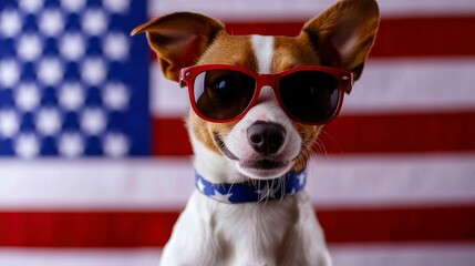 Patriotic Pup Poses in Sunglasses Against American Flag (1)