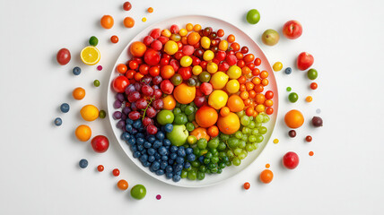 vibrant plate of seasonal fruits arranged in colorful rainbow pattern, showcasing variety of shapes and sizes