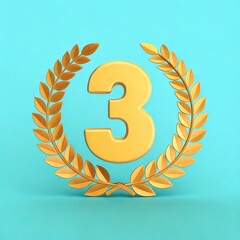 Golden Number Three:  A 3D Rendered Award with Laurel Wreath