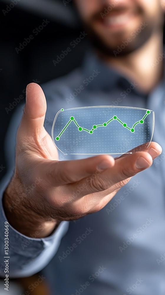 Poster close-up of a man holding a transparent screen with a graph