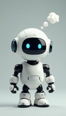 Small, round white robot, happy expression, thought bubbles, graphic, machine