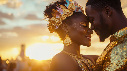 couple embracing at vibrant festival, adorned in colorful attire, with sunset backdrop