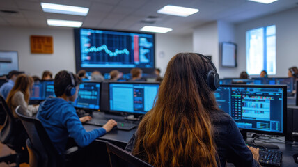 Digital classroom with students engaged in learning and technology