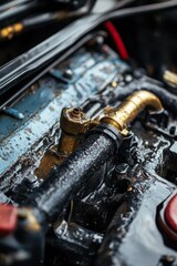 Engine components detail with oily black and gold.
