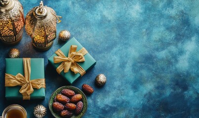 flat lay composition featuring gift boxes wrapped in green paper with golden ribbons, dates, and Arabian tea on the side of them, a Ramadan lantern in the background, on an isolated blue background