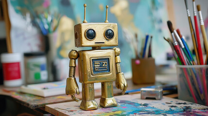 gold toy robot standing proudly on colorful artist desk, surrounded by art supplies and paint
