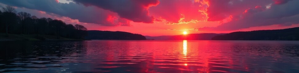Obraz premium Crimson sun dips below rippling lake surface, NY State , Catskills, sky, evening