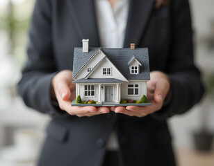 close up of female in formal jacket holds miniature of modern cottage house, realtor sell property, bank advisor offering mortgage options or insurance, Real estate