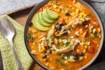 Mexican food Chicken enchilada soup spicy, hearty, and thick closeup on the plate on the table. Horizontal top view from above