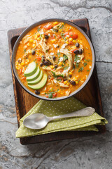 Creamy Chicken Enchilada Soup is packed with Tex-Mex flavors closeup on the plate on the table. Vertical top view from above