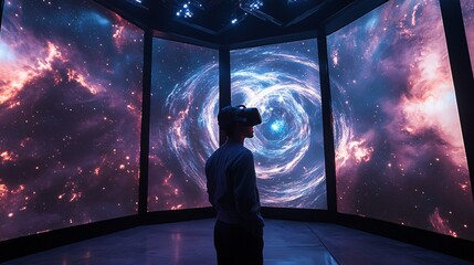 Immersive virtual reality experience space technology futuristic environment side view exploration