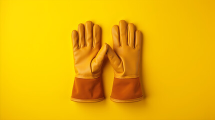 Premium Yellow Brown Leather Work Gloves Bright Yellow Background Studio