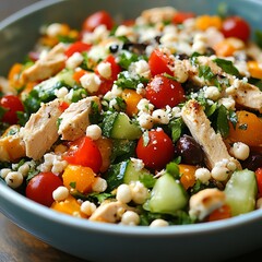 Salad Symphony: A vibrant and appetizing salad composed of crisp cucumber, juicy tomatoes, tender chicken, and a medley of fresh ingredients