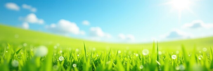 Sunny spring meadow, blurred blue sky, vibrant green grass, phenomenal, springtime
