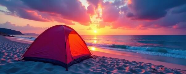 Sunset hues paint vibrant beach tent, tranquil escape , chill, unwind