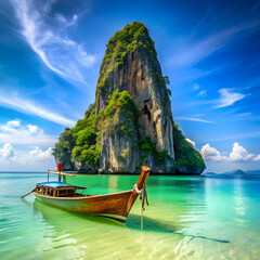 Obraz premium A traditional long-tail boat floating on turquoise, crystal-clear waters, surrounded by a serene tropical seascape.