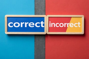 Obraz premium Two boards: one with a bold, vibrant correct word and the other with a similar, incorrect word, set against a bright, educational background.
