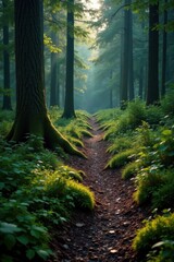 Fototapeta premium Dark, mossy path; ancient logs, dense Algonquin forest , ecology, environment
