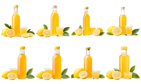 Collection of various a bottle of lemon concentrate, with fresh lemons and a small glass of diluted lemonade nearby isolated on white transparent background PNG set