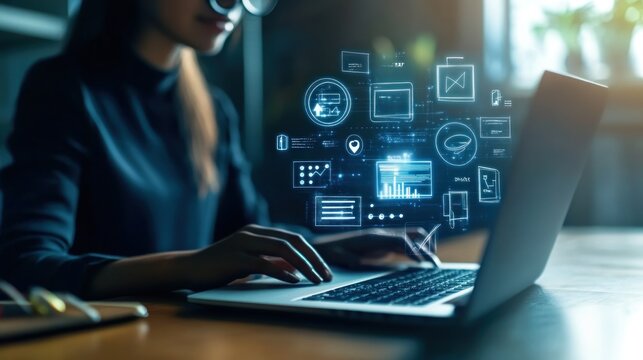 Woman working laptop, digital data, office - Powered by Adobe