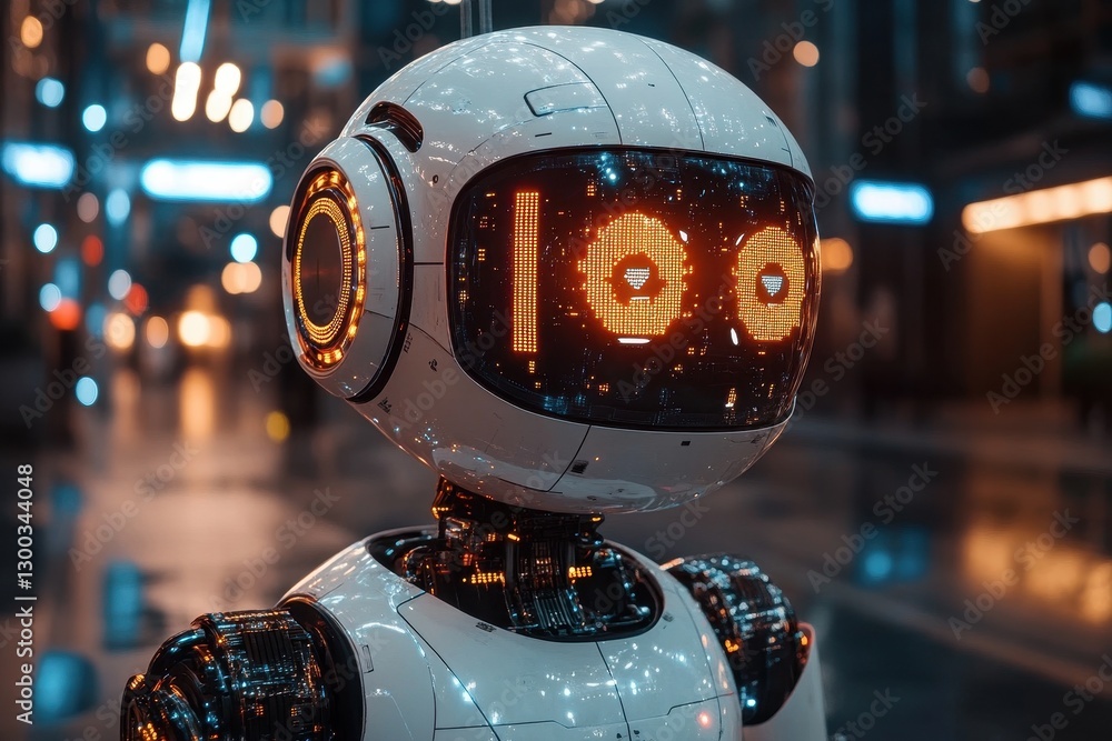 Poster futuristic robot displaying emotions with illuminated features in a modern urban environment