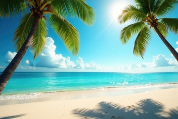 Obraz premium Sun-kissed sand meets turquoise ocean, palm trees sway , sunshine, tropical