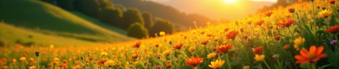 Obraz premium Wildflower hillside bathed in golden sunlight, close up , idyllic, close-up, stem