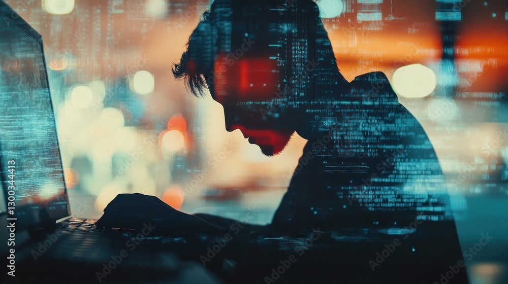 Poster coder working late, city night backdrop