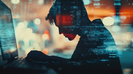 Coder working late, city night backdrop