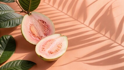 Pink Guava Vitamin. A vibrant image featuring half a pink guava on a peach background, showcasing the healthy fruit trend and emphasizing nutritional benefits of guava. High Vitamin C Healthy Fruit