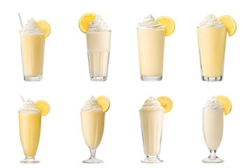 Collection of various a creamy lemon milkshake served in a tall glass with whipped cream and a lemon wedge isolated on white transparent background PNG set