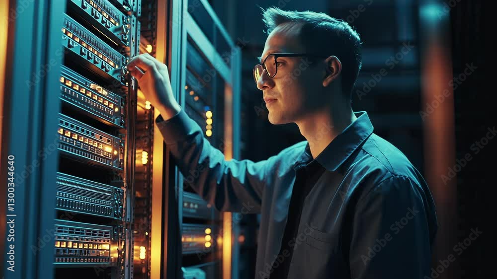 Poster black it professional checking server room rack in neon lit data center, examining hardware and moni