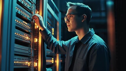 Black it professional checking server room rack in neon lit data center, examining hardware and monitoring network infrastructure video 4k