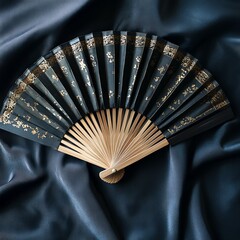 Black and Gold Hand Fan:  A delicate and intricate hand fan with a black silk surface adorned with golden floral patterns. The fan, fully opened, is  against a smooth dark blue background.