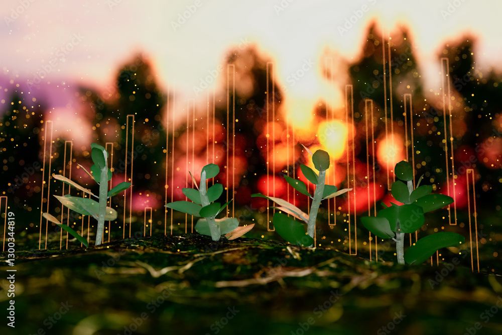 Canvas Prints a group of small plants are growing in a field with a sunset in the background